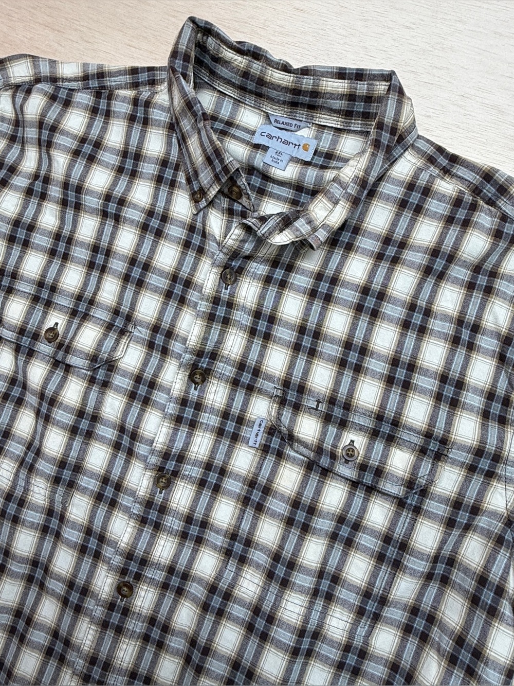Carhartt Shirt Mens 2XL Tall Plaid Casual Button Up Long Sleeve Relaxed Fit Tan